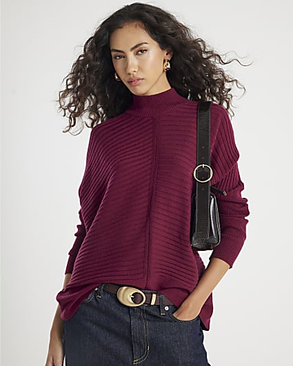 Red Knitted High Neck Ribbed Jumper