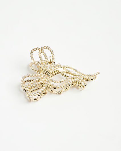 Gold Pearl Bow Claw Hair Clip