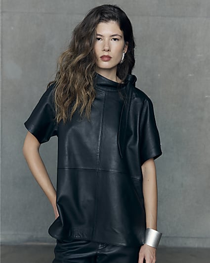 RI Studio Black Leather Funnel Tie Top