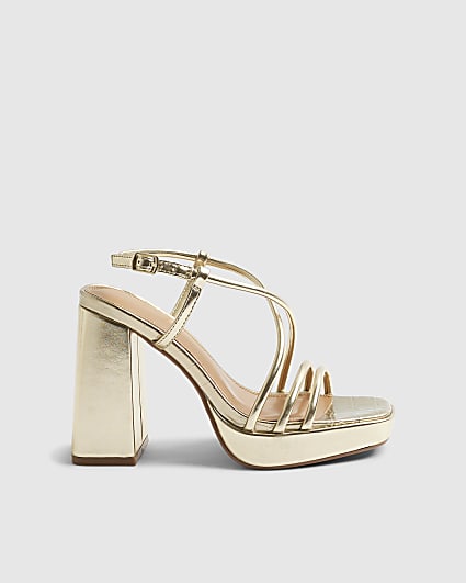 Gold Triple Strap Platform Heeled Sandals