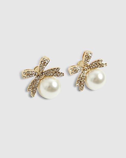 Gold Bow pearl drop earrings