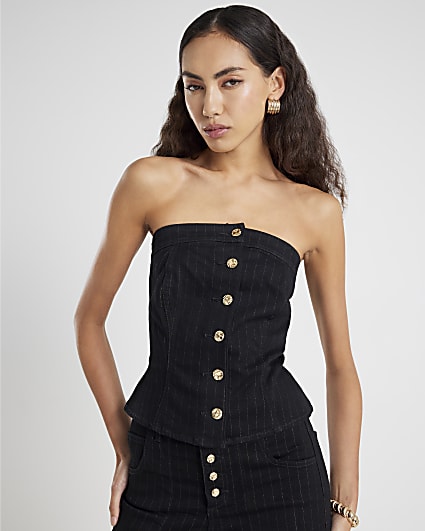 Black Denim Pinstripe Bandeau Top