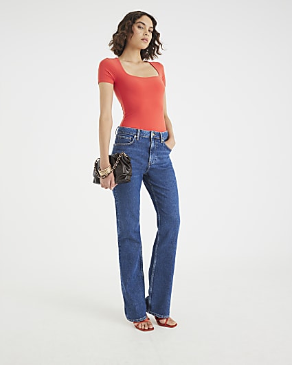 Orange Short Sleeve Square Neck Top
