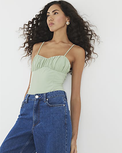 Green Sleeveless Corset Detail Bodysuit