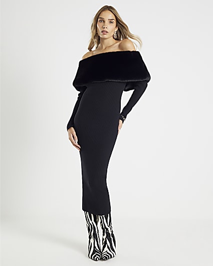 Black Faux Fur Trim Bardot Midi Dress