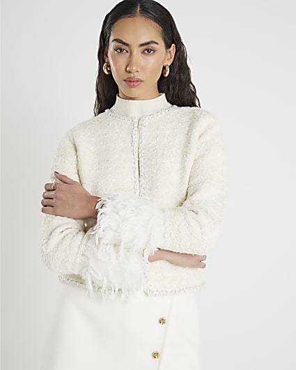Cream Boucle Feather Cuff Cardigan