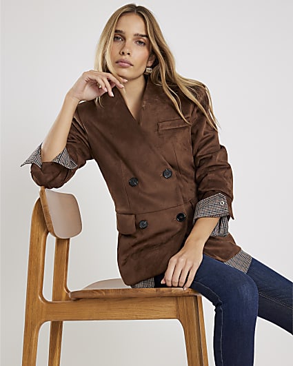 Brown Faux Suede Collarless Blazer