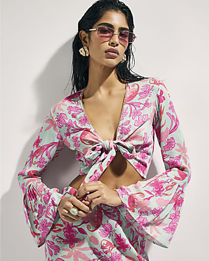 Green Floral Tie Front Beach Top
