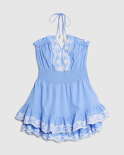 Blue Embroidered Ruffle Playsuit