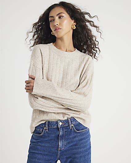 Beige Knit Crew Neck Ribbed Jumper