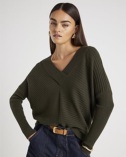 Khaki Knitted V Neck Ribbed Jumper