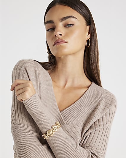 Beige Knitted V Neck Ribbed Jumper