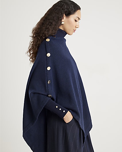 Navy Knitted Triangle Button Detail Cape