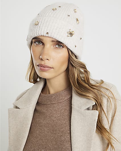 Beige Embellished Beanie