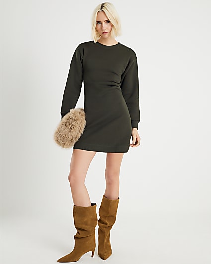 Khaki Drape Sweatshirt Dress