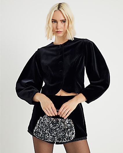 Black Cocoon Sleeve Velvet Jacket