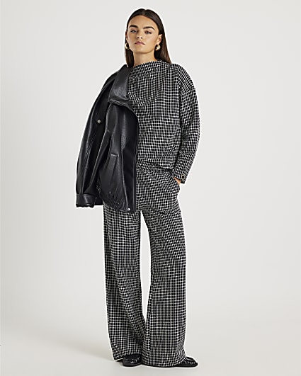 Black Boucle Check Wide Leg Trousers
