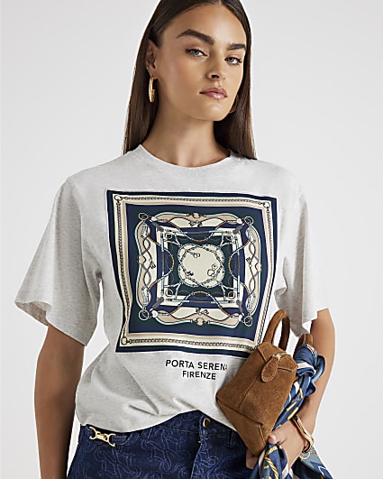 Grey Short Sleeve Scarf Detail T-shirt