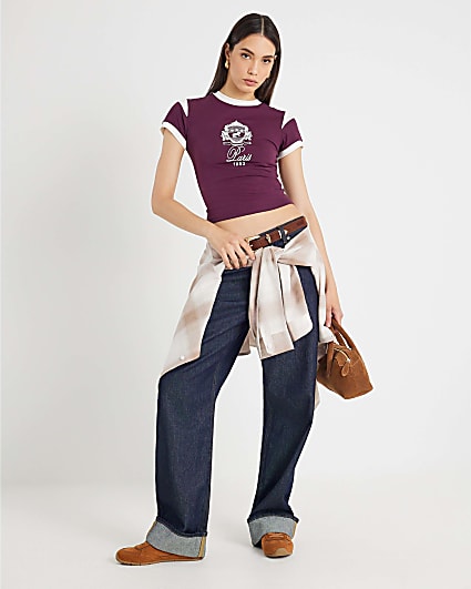 Red Short Sleeve Crest Embroidery Fitted Top