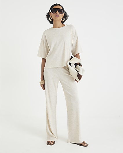 Cream Ribbed Wide Leg Trousers