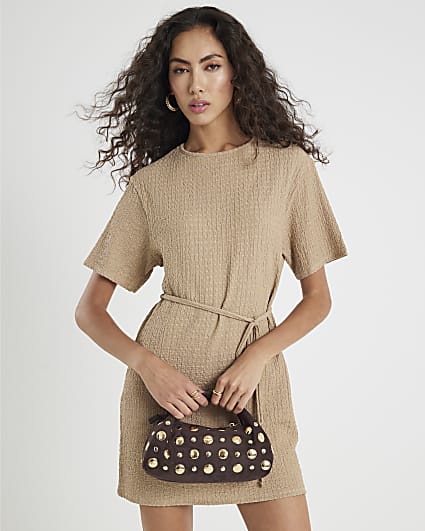 Beige Textured Belted Dress