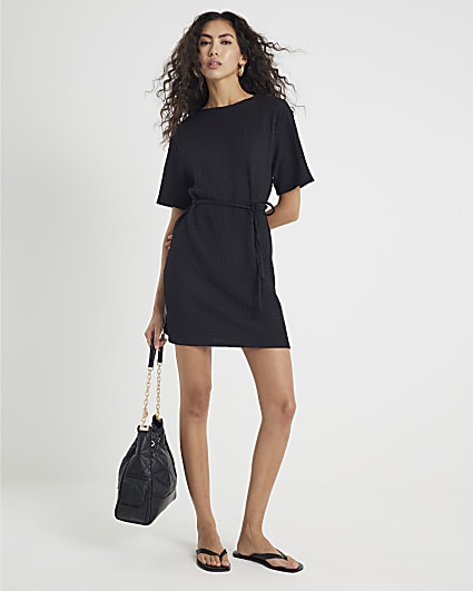 Black Textured Belted Dress