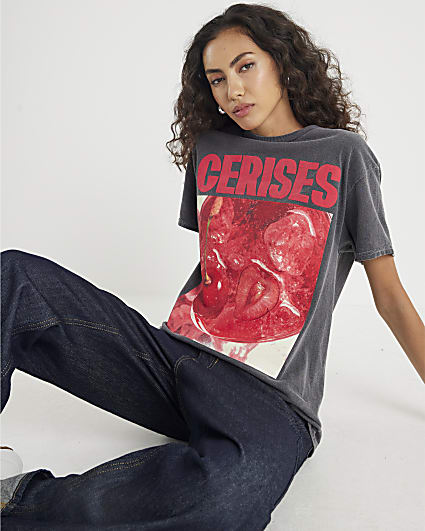 Grey Short Sleeve Cerises Photo Print T-shirt