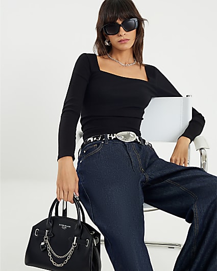 Black Fitted Square Neck Top