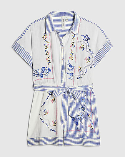 Petite White Embroidery Stripe Playsuit