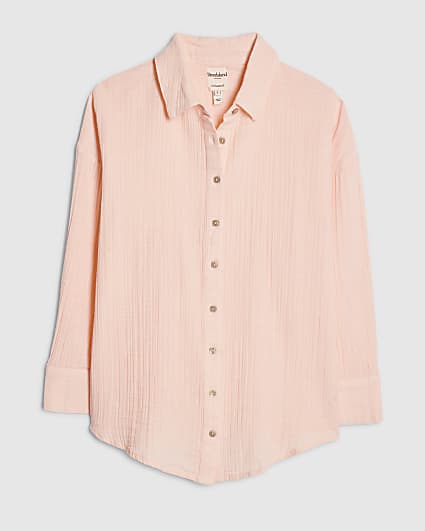 Petite Pink Crinkle Long Sleeve Beach Shirt