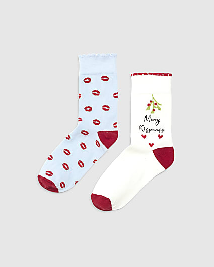 Blue Christmas Lips 2pk Socks