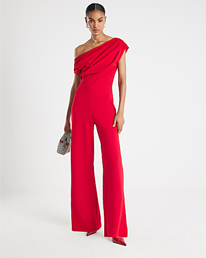 Red One Shoulder Draped Jumpsuit