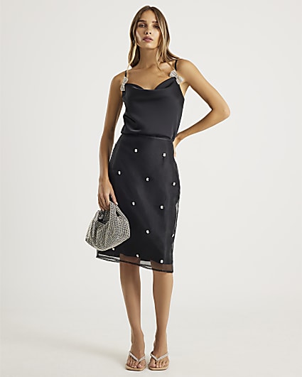 Black Cowl Neck Diamante Bow Cami Top