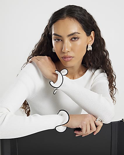 White Knitted Scallop Trim Detail Top