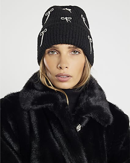 Black Bow Embellished Beanie Hat