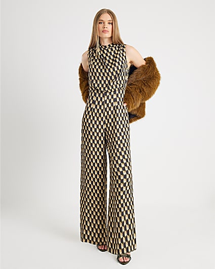 Green Geometric Drape Cowl Jumpsuit
