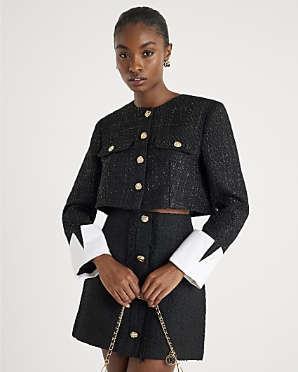 Black Boucle Cropped Hybrid Jacket