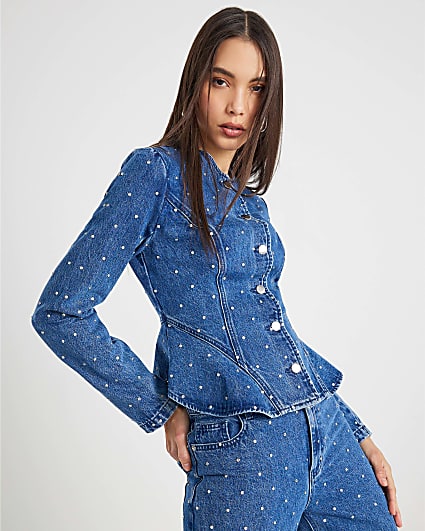 Blue Diamante Peplum Denim Jacket