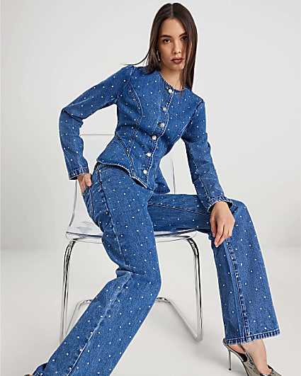 Blue Relaxed Straight Diamante Jeans
