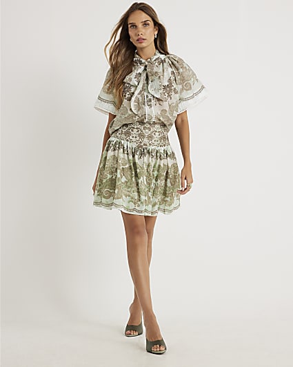 Green Printed Mini Rara Skirt