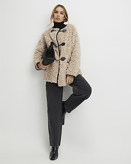 Beige Long Sleeve Tipped Borg Duffle Coat