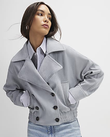 Blue Faux Suede Collared Bomber Jacket