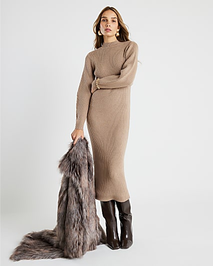 Beige Knitted Structured Sleeve Midi Dress