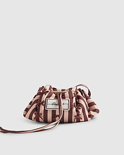 Pink Bow Stripe Drawstring Makeup Bag