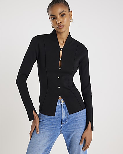 Black Knit Long Sleeve Cut Out Top