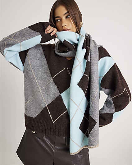 Brown Argyle knit Scarf