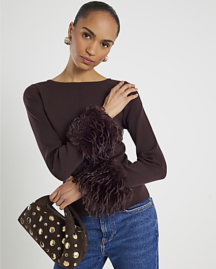 Brown Knit Slash Neck Feather Cuff Top