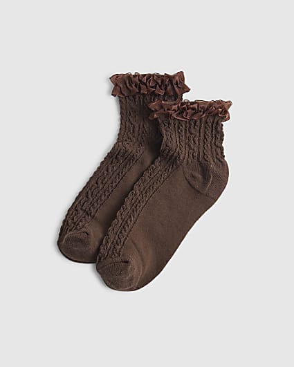 Brown Cable Knit Frill Socks
