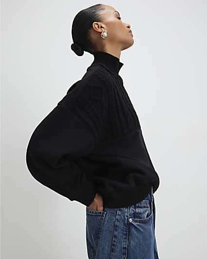 Black Knit Mix Roll Neck Sweatshirt