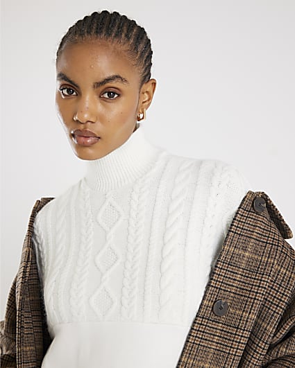 Cream Knit Mix Roll Neck Sweatshirt